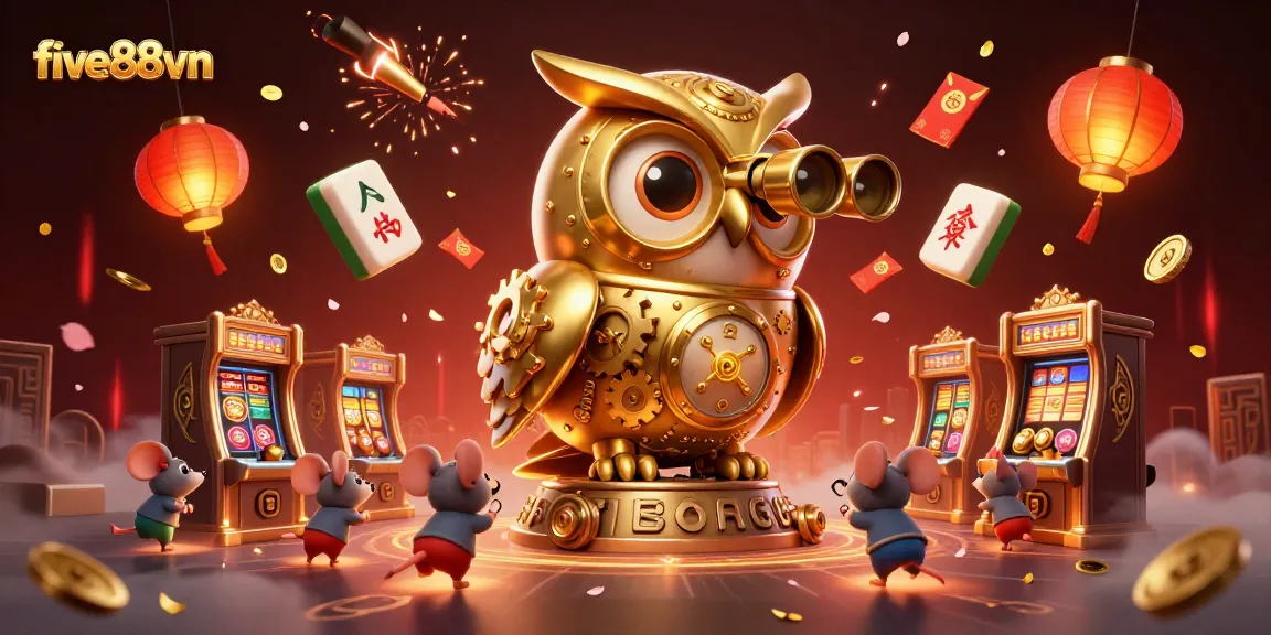 Engage with five88vn at the vibrant online casino scene featuring animated characters and festive gaming elements.