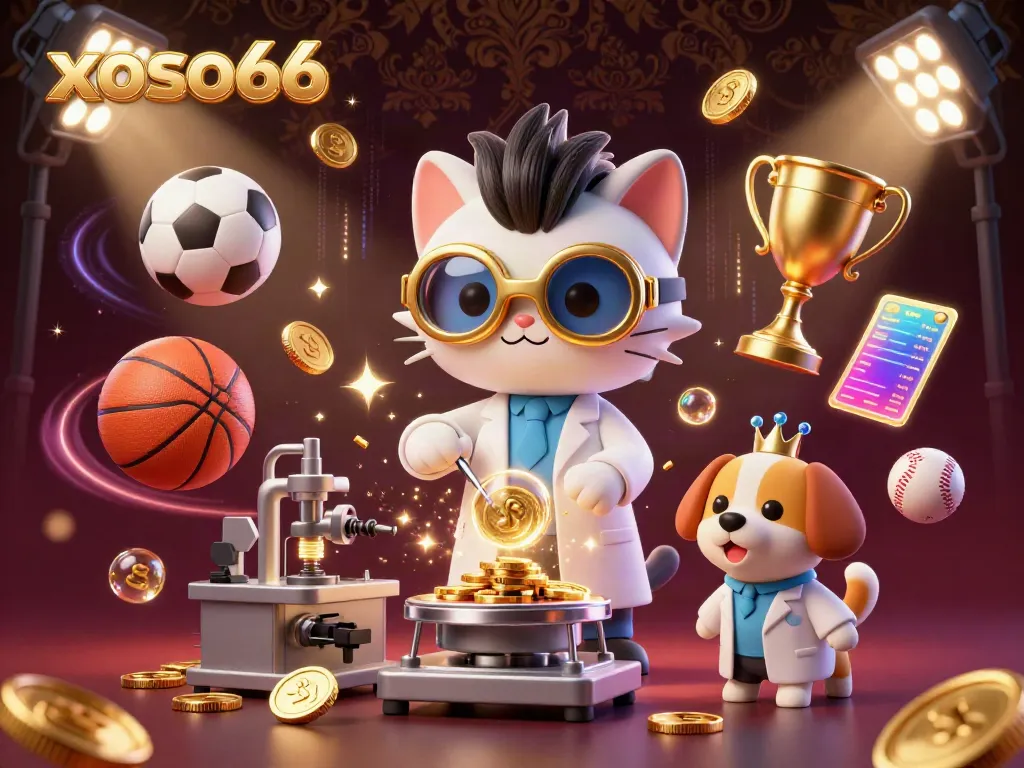 Engage in excitement with xoso66 as the mad scientist cat and assistant conjure coins amidst flying sports balls and dynamic betting elements.