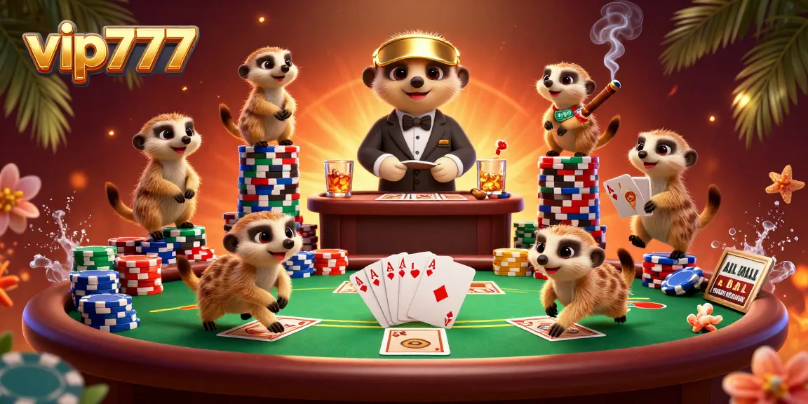 Experience excitement at vip777 with a meerkat casino operation featuring card games and vibrant elements.
