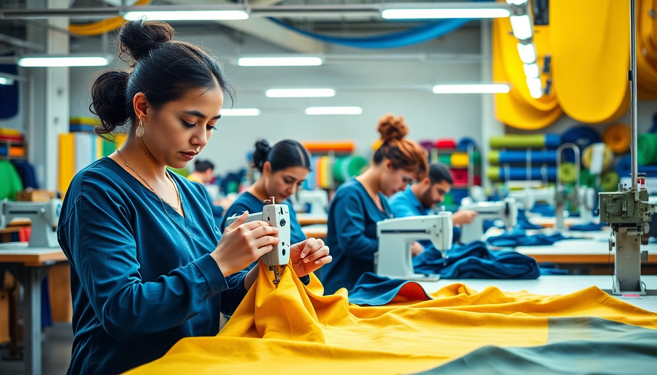 Apparel Manufacturer showcases artisans creating high-quality garments in a vibrant workshop.