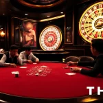 Players strategizing at a THABET poker table in a luxurious casino setting.