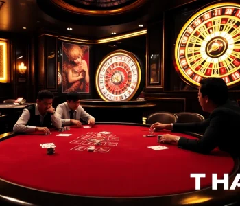 Players strategizing at a THABET poker table in a luxurious casino setting.