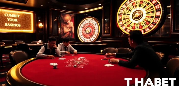Players strategizing at a THABET poker table in a luxurious casino setting.
