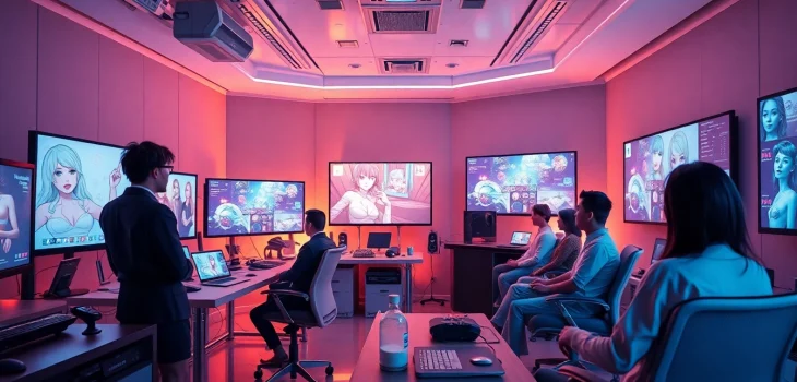 Explore AI porn creation in a modern studio setting with diverse professionals.