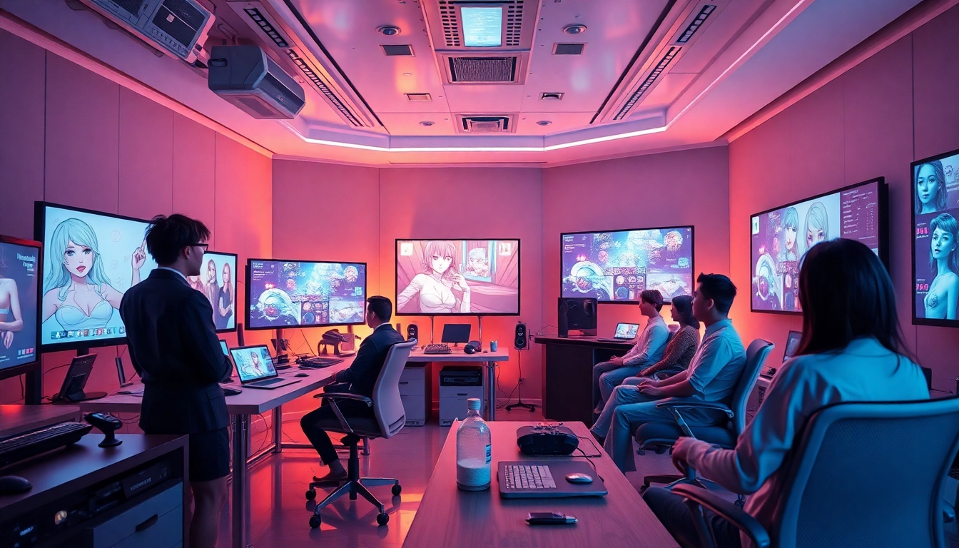 Explore AI porn creation in a modern studio setting with diverse professionals.