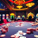 Experience an exciting poker game at a luxurious casino featuring the go8 theme with vibrant chips and cards.