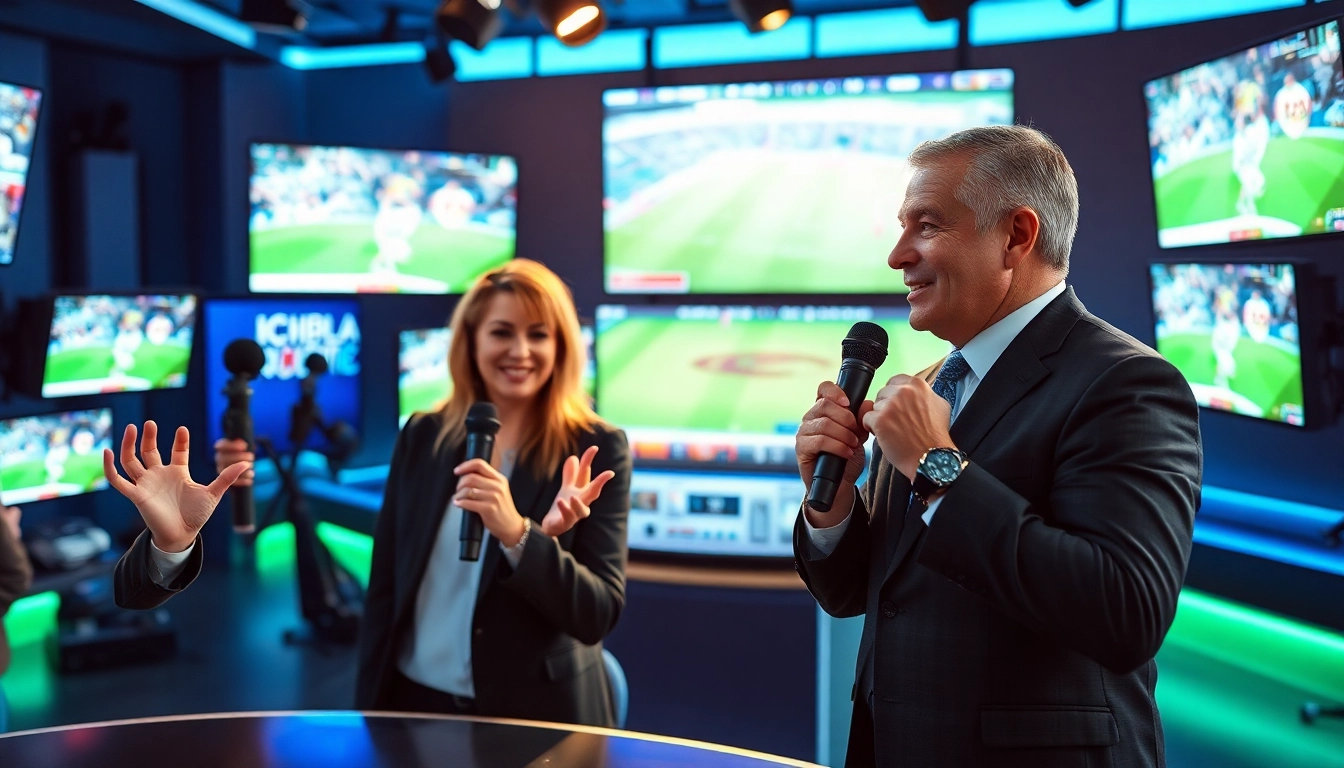 Engaging discussion in sports broadcasting studio featuring lively presenters.
