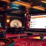 Uma cena vibrante de cassino ilustrando cassino com retirada via Pix com mesas e uma interface online.