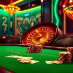 Engaging scene of high-stakes poker at a Bomwin casino table showcasing chips and cards.