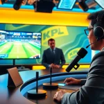 Engaging scene of sports broadcasting with a host and dynamic highlights screen.