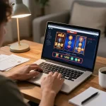 Player engaging with TG88's online casino interface while enjoying a cozy home gaming session, demonstrating responsible gambling.