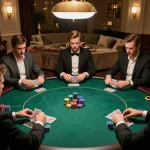 Players engaged in poker at a high-stakes table reflecting ta88ai.com's elite gambling atmosphere.