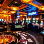 RR88 players engaged at a modern casino table with chips and a roulette wheel.