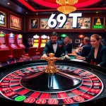 Jogadores entusiasmados participam de roleta de alto risco em um cassino luxuoso com decoração temática 69T.