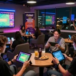 Engaging players using Onbet app in a trendy gaming lounge with vibrant atmosphere.