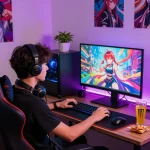 Player immersed in a hentai game experience in a colorful gaming room.