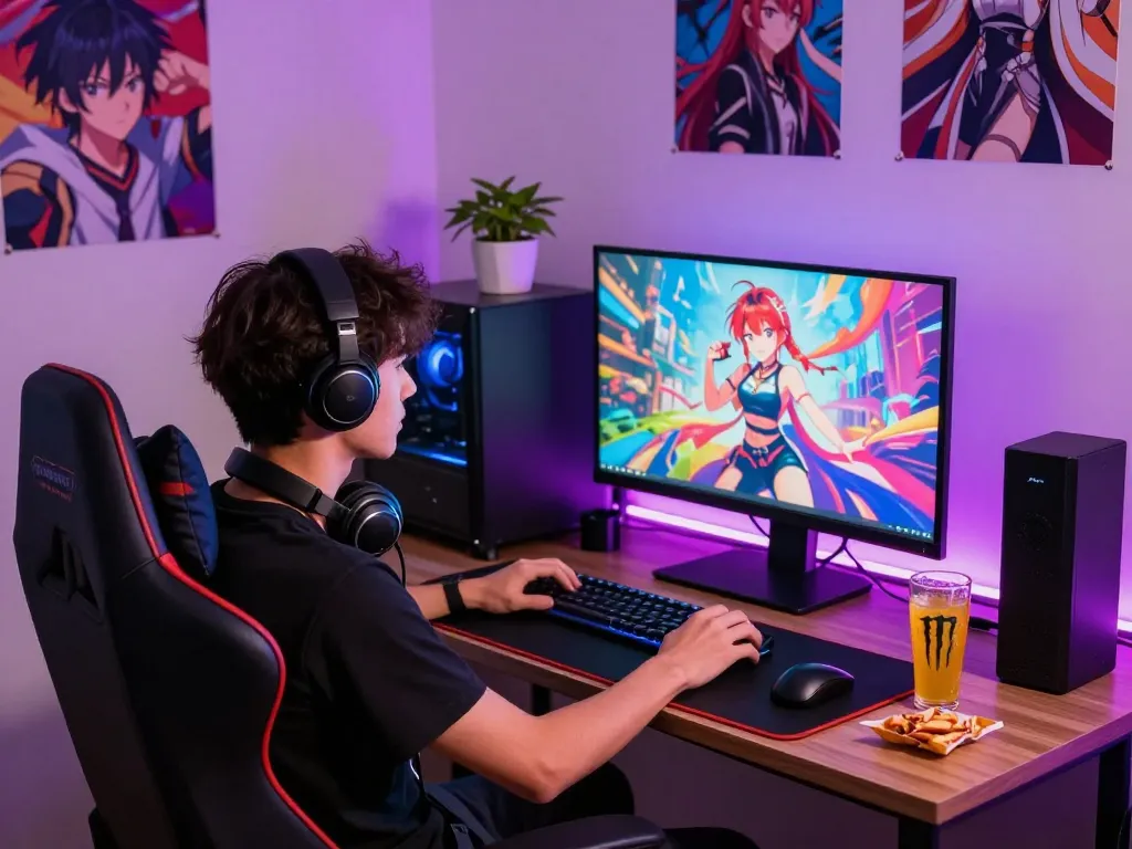 Player immersed in a hentai game experience in a colorful gaming room.