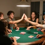Friends enjoying an engaging poker night at home, showcasing a lively atmosphere with x333 gaming moments