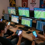 Engaged users betting on NK88 top sports events through mobile devices in a vibrant home setting.