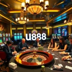 U888 players engaging in thrilling casino games at a luxurious gaming table.