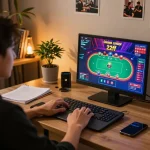 Player engaging in intense online poker gaming at 22ff platform while managing chips and strategies.