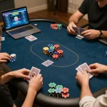 Engaging online poker action at home with 559X, showcasing players' hands and chips