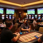 Excited patrons engaging in sports betting at XX88's modern lounge with live screens and warm ambiance.