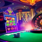 I9BET offers an exciting casino experience with a vibrant slot machine and poker table.