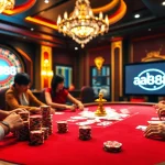 Jogadores participando de uma mesa de pôquer em um cassino de alto padrão, exibindo a interface de jogo online da aa888.