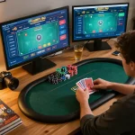 Player managing cards during a strategic online poker session at home with uu88 casino interface visible.