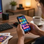 Engaging in mobile gaming with the rikvip app in a cozy setting, highlighting responsible entertainment.