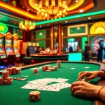 Experimente uma jogabilidade emocionante no AA888 com uma cena de cassino empolgante, apresentando fichas de pôquer vibrantes e cartas.