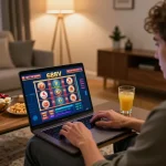 Player engaging with 688V's online casino on a laptop in a cozy home setting, conveying excitement and strategy.