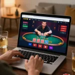 Player enjoying blackjack game on 75W online casino platform from home, engaging and stylish setup