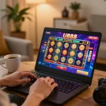 Engage with U888 online casino gameplay on a laptop in a cozy home setting.
