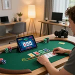 Engaging in a live dealer game on kjc, showcasing strategic betting and cozy home atmosphere