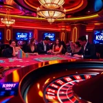 Jogadores da K997 fazendo apostas em uma mesa de cassino animada, com roleta e fichas de pôquer.
