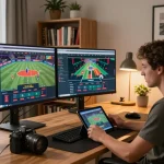 Engaging online gaming setup at home showcasing https://33cc.info/, live dealer games displayed on screens.
