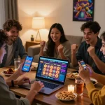 Group of friends enjoying online gambling on TR88 platform in a cozy living room.