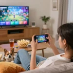 Playing a mobile porn game in a cozy living room with vibrant cushions and soft lighting.