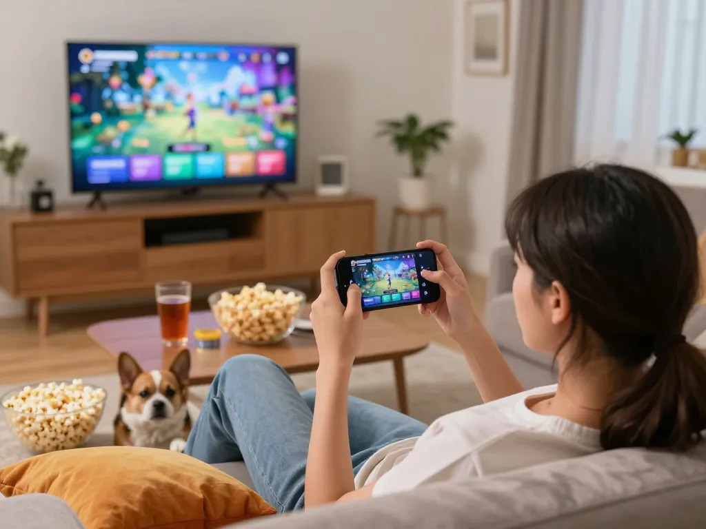 Playing a mobile porn game in a cozy living room with vibrant cushions and soft lighting.