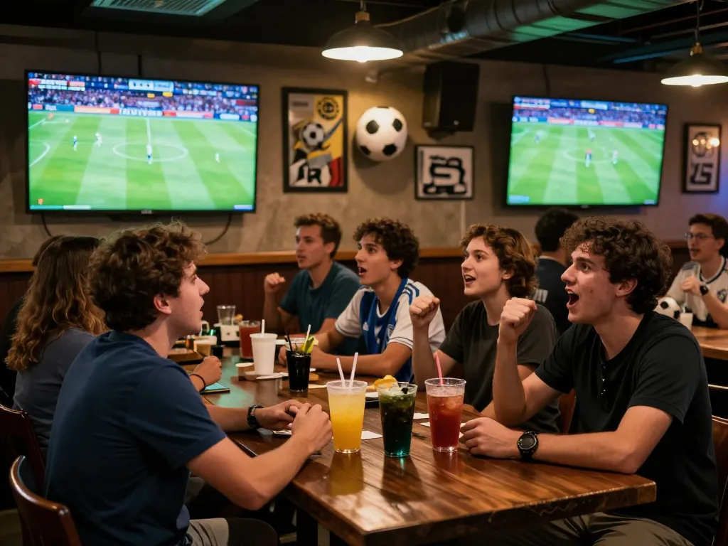 CakhiaTV viewers enjoying live soccer matches in an energetic sports bar setting with football memorabilia.