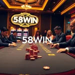 Players at 58WIN's luxurious casino poker table experiencing thrilling moments of high stakes.