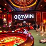 Cena vibrante de jogos de azar com jogadores na roleta e na máquina caça-níqueis da 001WIN.