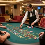 Players engaging at the roulette table in 45678 com's vibrant casino atmosphere, showcasing dynamic betting actions.