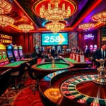 Experience the thrilling ambiance of 258bet with vibrant casino tables and exciting gaming elements.