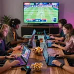 Friends enjoying online gaming and betting on 12bet with vibrant lights and screens.