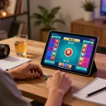Person engaging in Tài Xỉu gameplay on a tablet at home, showcasing strategic betting.