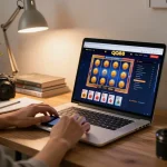 Engaging in online gaming at QQ88, with vibrant slots displayed in cozy home environment.