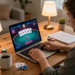 Engaging in game bài mm88 strategy at home with laptop and poker chips